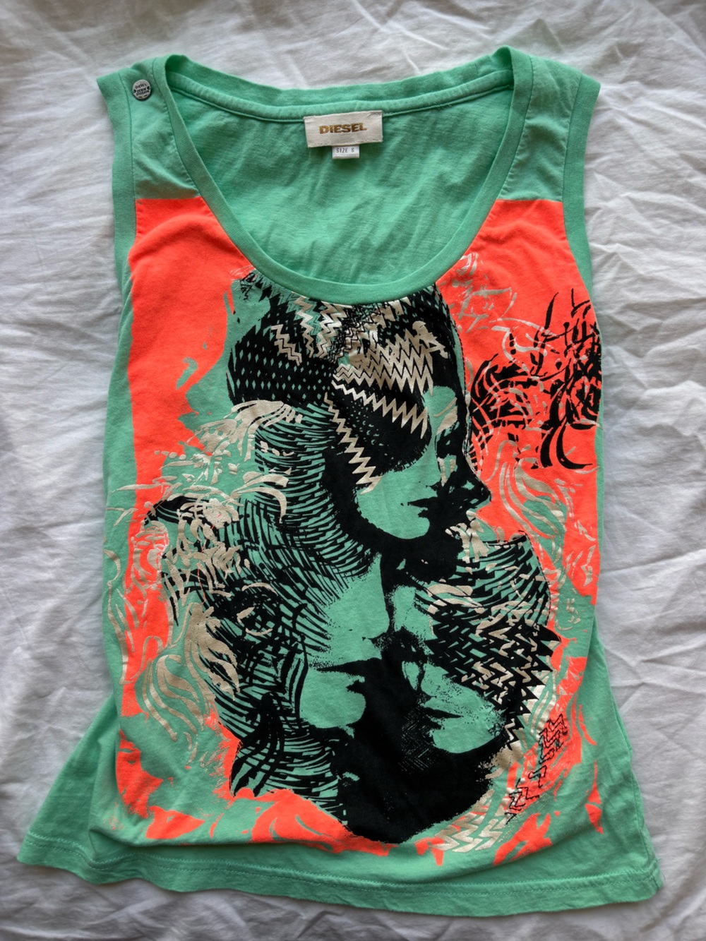 Diesel Mint Green & Coral Graphic Sleeveless Tank